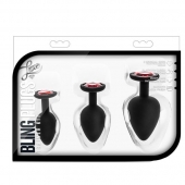 Набор черных анальных пробок с красным кристаллом-сердечком Bling Plugs Training Kit - Blush Novelties - купить с доставкой в Тюмени