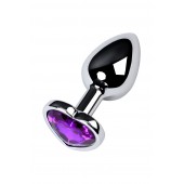 Серебристая коническая анальная пробка с фиолетовым кристаллом-сердечком - 7 см. - ToyFa - купить с доставкой в Тюмени