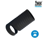 Черная открытая насадка на пенис с кольцом для мошонки size M - 7,9 см. - Sex Expert - в Тюмени купить с доставкой