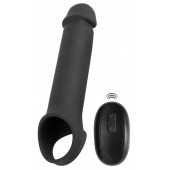 Черная вибронасадка для пениса с хомутом для мошонки и пультом ДУ Remote Controlled Penis Extension - Orion - в Тюмени купить с доставкой