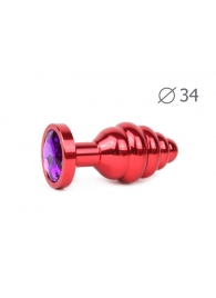 Коническая ребристая красная анальная втулка с кристаллом фиолетового цвета - 8 см. - Anal Jewelry Plug - купить с доставкой в Тюмени