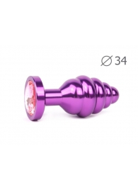 Коническая ребристая фиолетовая анальная втулка с розовым кристаллом - 8 см. - Anal Jewelry Plug - купить с доставкой в Тюмени