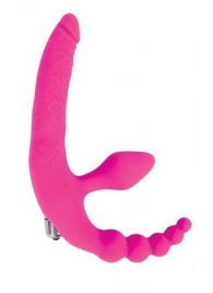Розовый безремневой страпон с анальным отростком и вибрацией - 15 см. - Bior toys - купить с доставкой в Тюмени