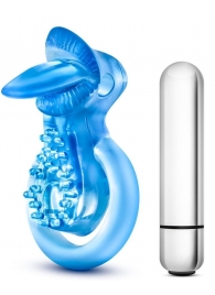 Голубое эрекционное виброкольцо 10 Function Vibrating Tongue Ring - Blush Novelties - в Тюмени купить с доставкой
