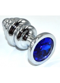 Серебристая анальная пробка из нержавеющей стали с синим кристаллом - 8,8 см. - Kanikule - купить с доставкой в Тюмени