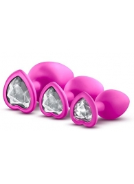 Набор розовых анальных пробок с прозрачным кристаллом-сердечком Bling Plugs Training Kit - Blush Novelties - купить с доставкой в Тюмени