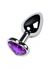 Серебристая коническая анальная пробка с фиолетовым кристаллом-сердечком - 7 см. - ToyFa - купить с доставкой в Тюмени