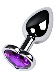 Серебристая коническая анальная пробка с фиолетовым кристаллом-сердечком - 7 см. - ToyFa - купить с доставкой в Тюмени