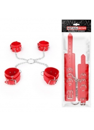 Комплект красных наручников и оков на металлических креплениях с кольцом - Notabu - купить с доставкой в Тюмени