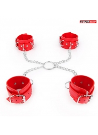 Комплект красных наручников и оков на металлических креплениях с кольцом - Notabu - купить с доставкой в Тюмени