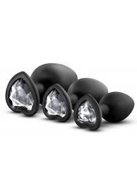 Набор из 3 черных пробок с прозрачным кристаллом-сердечком Bling Plugs Training Kit - Blush Novelties - купить с доставкой в Тюмени