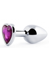 Серебристая анальная пробка с фиолетовым кристаллом-сердечком - 8 см. - Anal Jewelry Plug - купить с доставкой в Тюмени