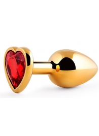 Золотистая анальная пробка с красным стразом-сердечком - 8 см. - Anal Jewelry Plug - купить с доставкой в Тюмени