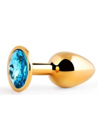 Золотистая анальная пробка с голубым стразом - 7,2 см. - Anal Jewelry Plug - купить с доставкой в Тюмени