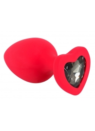 Красная силиконовая анальная пробка с черным стразом-сердечком - 9,3 см. - Orion - купить с доставкой в Тюмени