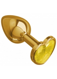 Золотистая анальная втулка с желтым кристаллом-сердечком - 7 см. - Джага-Джага - купить с доставкой в Тюмени