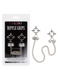 Металлические зажимы для сосков на цепочке Nipple Grips 4-Point Nipple Press with Bells - California Exotic Novelties - купить с доставкой в Тюмени