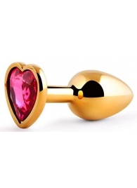 Золотистая анальная пробка с малиновым кристаллом-сердечком - 7 см. - Anal Jewelry Plug - купить с доставкой в Тюмени