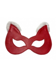 Красная маска из натуральной кожи с белым мехом на ушках - БДСМ Арсенал - купить с доставкой в Тюмени