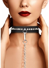 Черный ошейник с поводком Diamond Studded Collar With Leash - Shots Media BV - купить с доставкой в Тюмени