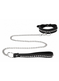 Черный ошейник с поводком Diamond Studded Collar With Leash - Shots Media BV - купить с доставкой в Тюмени