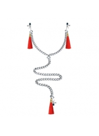 Зажимы на соски и клитор с игривыми красными кисточками Nipple Clit Tassel Clamp With Chain - Lovetoy - купить с доставкой в Тюмени