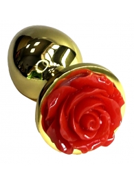 Золотистая анальная пробка с ограничителем в форме красной розы - 8 см. - Kanikule