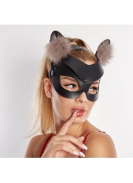 Черная кожаная маска  Кошечка  с мехом - Sitabella - купить с доставкой в Тюмени