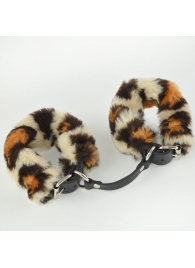 Черные кожаные наручники со съемной леопардовой опушкой - Sitabella - купить с доставкой в Тюмени