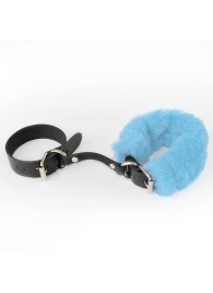 Черные кожаные наручники со съемной голубой опушкой - Sitabella - купить с доставкой в Тюмени