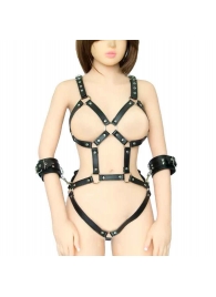 Черное боди-портупея с пристегивающимися наручниками - Секс-кукла с вибрирующей вагиной и анусом Jamie Lynn CyberSkin Vibrating Doll with Pussy   Ass - купить с доставкой в Тюмени