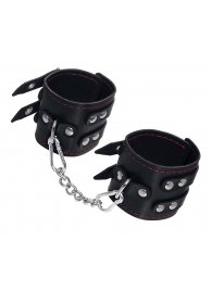 Черные кожаные наручники с двумя ремнями и контрастной строчкой - Pecado - купить с доставкой в Тюмени