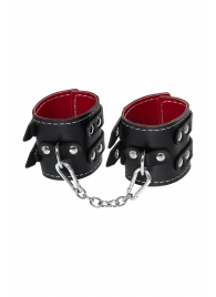 Черные кожаные наручники с двумя ремнями и красной подкладкой - Pecado - купить с доставкой в Тюмени