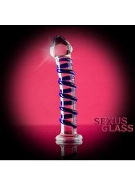 Фаллоимитатор из стекла с синей спиралью - 18 см. - Sexus купить с доставкой в интернет-магазине Orgasmix в Тюмени Фаллоимитатор из стекла с синей спиралью - 18 см. - Sexus
