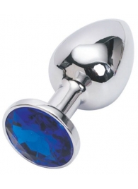 Серебряная металлическая анальная пробка с синим стразиком - 7,6 см. - 4sexdreaM - купить с доставкой в Тюмени