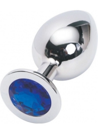 Серебряная металлическая анальная пробка среднего размера с синим стразиком - 8,2 см. - 4sexdreaM - купить с доставкой в Тюмени