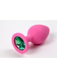 Розовая силиконовая анальная пробка с зеленым стразом - 8,2 см. - 4sexdreaM - купить с доставкой в Тюмени