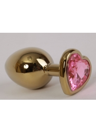 Золотистая анальная пробка с розовым стразиком-сердечком - 7,5 см. - 4sexdreaM - купить с доставкой в Тюмени
