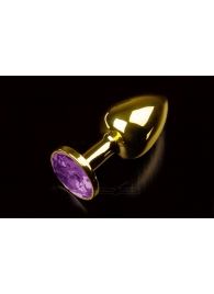 Маленькая золотистая анальная пробка с круглым кончиком и фиолетовым кристаллом - 7 см. - Пикантные штучки - купить с доставкой в Тюмени