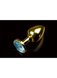 Маленькая золотистая анальная пробка с круглым кончиком и голубым кристаллом - 7 см. - Пикантные штучки - купить с доставкой в Тюмени