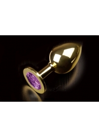 Большая золотая анальная пробка с закругленным кончиком и фиолетовым кристаллом - 9 см. - Пикантные штучки - купить с доставкой в Тюмени