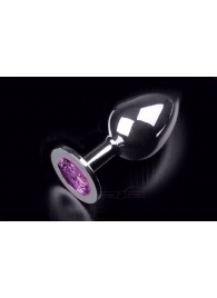 Большая серебристая анальная пробка с круглым кончиком и ярким фиолетовым кристаллом - 9 см. - Пикантные штучки - купить с доставкой в Тюмени