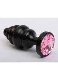 Чёрная ребристая анальная пробка с розовым кристаллом - 7,3 см. - 4sexdreaM - купить с доставкой в Тюмени