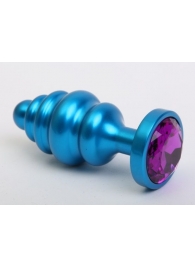 Синяя ребристая анальная пробка с фиолетовым кристаллом - 7,3 см. - 4sexdreaM - купить с доставкой в Тюмени