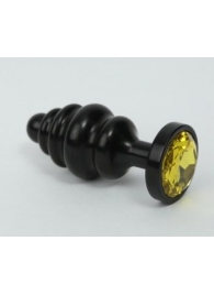Чёрная ребристая анальная пробка с жёлтым кристаллом - 7,3 см. - 4sexdreaM - купить с доставкой в Тюмени