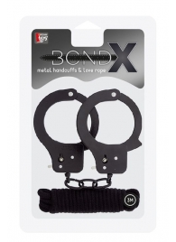 Чёрные наручники из листового металла в комплекте с веревкой BONDX METAL CUFFS LOVE ROPE SET - Dream Toys - купить с доставкой в Тюмени