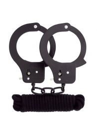 Чёрные наручники из листового металла в комплекте с веревкой BONDX METAL CUFFS LOVE ROPE SET - Dream Toys - купить с доставкой в Тюмени