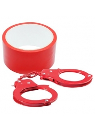 Набор для фиксации BONDX METAL CUFFS AND RIBBON: красные наручники из листового материала и липкая лента - Dream Toys - купить с доставкой в Тюмени