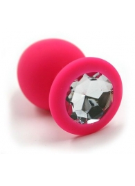 Розовая силиконовая анальная пробка с прозрачным кристаллом - 7 см. - Kanikule - купить с доставкой в Тюмени