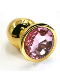 Золотистая алюминиевая анальная пробка с светло-розовым кристаллом - 6 см. - Kanikule - купить с доставкой в Тюмени